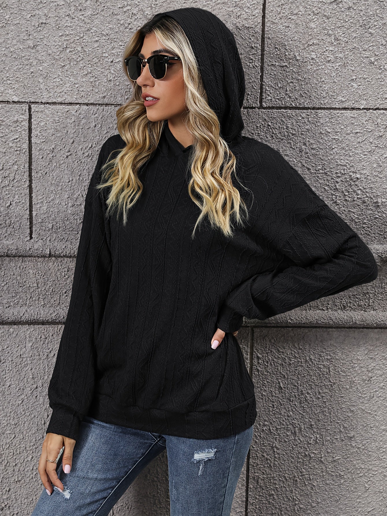 Solid Drop Shoulder Hoodie Long Sleeve Women's Sweatshirt