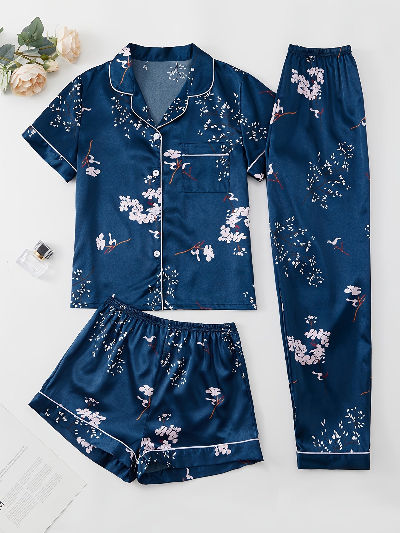 Floral Print Pajamas Set Short Sleeve Top & Shorts & Pants