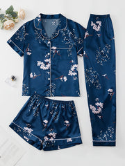 Floral Print Pajamas Set Short Sleeve Top & Shorts & Pants