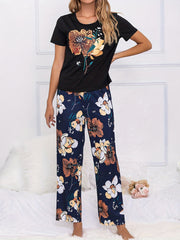 Big Flower Print Lounge Set Colorblock Top & Pants Women's Loungewear