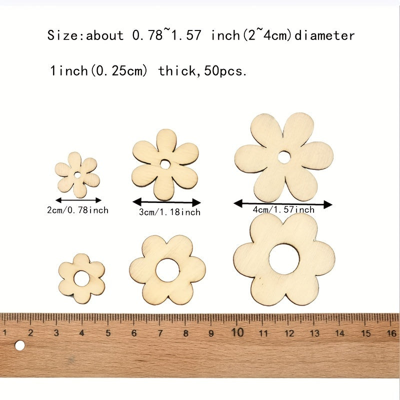 50pcs Wooden Flower Cutouts DIY Home Decorations
