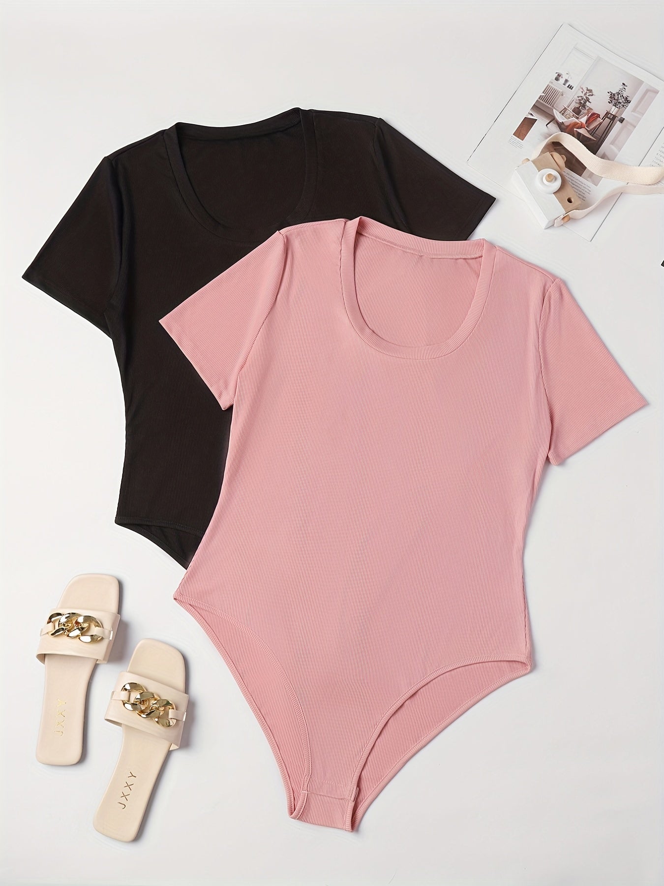 2 Pack Plus Size Basic Bodysuit Women's Plus Round Neck Short Sleeve Bodysuit