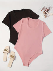 2 Pack Plus Size Basic Bodysuit Women's Plus Round Neck Short Sleeve Bodysuit