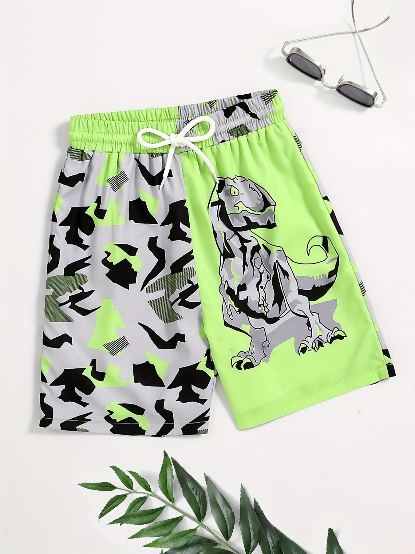 Boys Geometric Dinosaur Swim Trunks Elastic Waist Beach Shorts