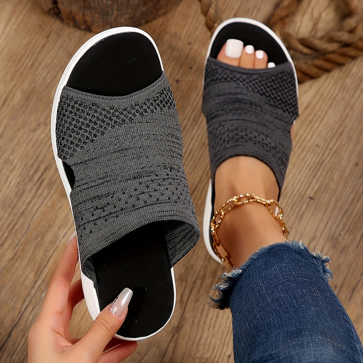 Women's Breathable Knit Slide Sandals Cut Out Comfy Non Slip Shoes