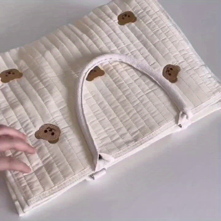 Beige Polyester Diaper Bag with Bear Functional Mommy Tote