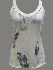 Feather Print V Neck Tank Top Sleeveless Casual Top Women's Clothing