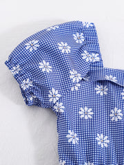 Girls Short Bubble Sleeve Romper Flowers Print Jumpsuit