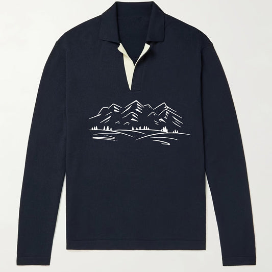 Mountain Pattern Knit Polo Shirt Men's Casual Lapel Stretch Pullover Sweater