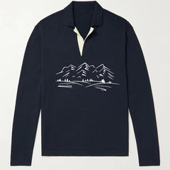 Mountain Pattern Knit Polo Shirt Men's Casual Lapel Stretch Pullover Sweater