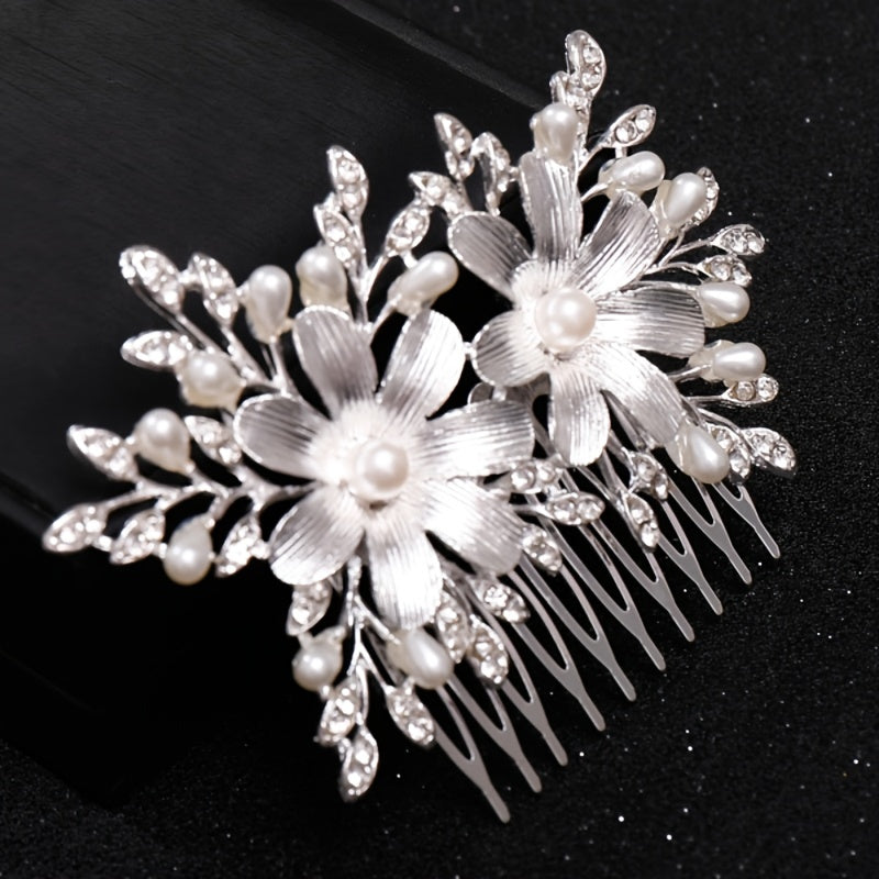 Bridal Rhinestone Hair Comb Clip with Faux Pearl Leaf