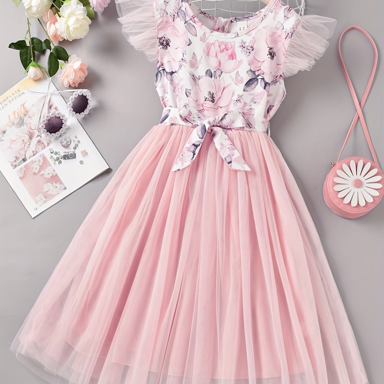 Girls Mesh Overlay Belted Princess Dress for Party Beach Vacation