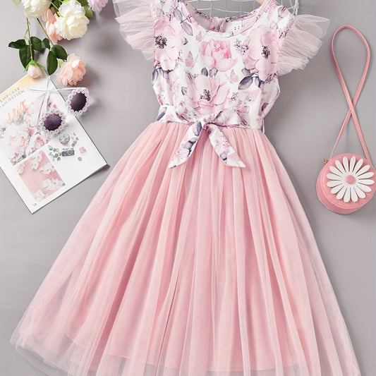 Girls Mesh Overlay Belted Princess Dress for Party Beach Vacation