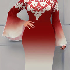 Women's Plus Ombre & Floral Print Bell Sleeve Round Neck Slim Fit Midi Dress