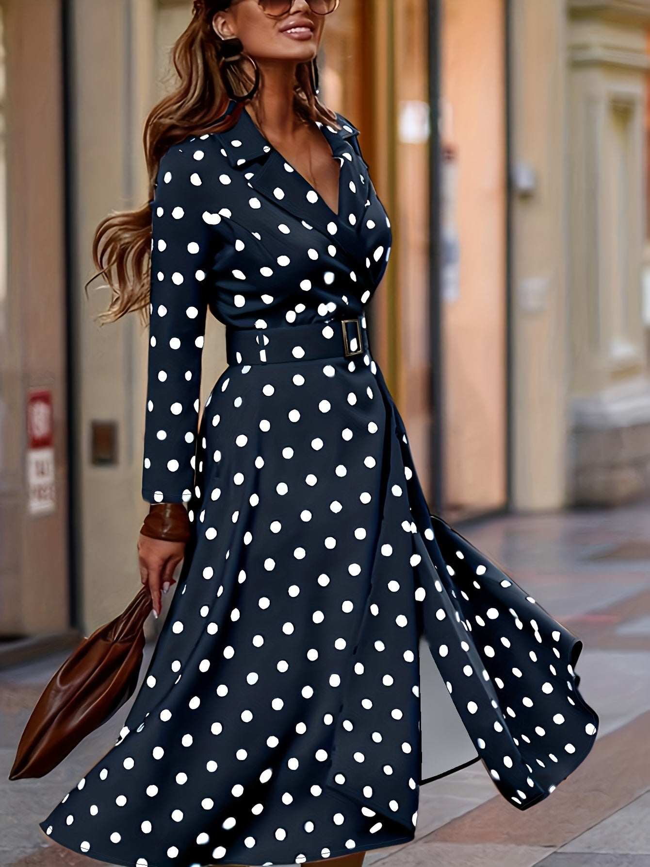 Polka Dot Print Long Sleeve Lapel Collar Dress