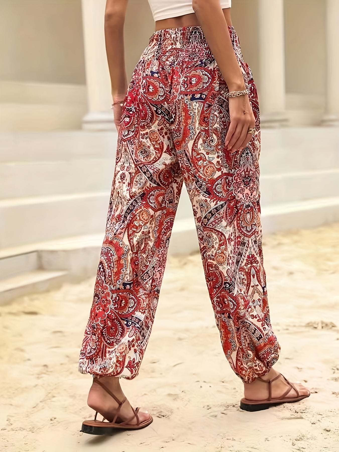 Print Shirred Waist Casual Loose Pants Spring & Summer