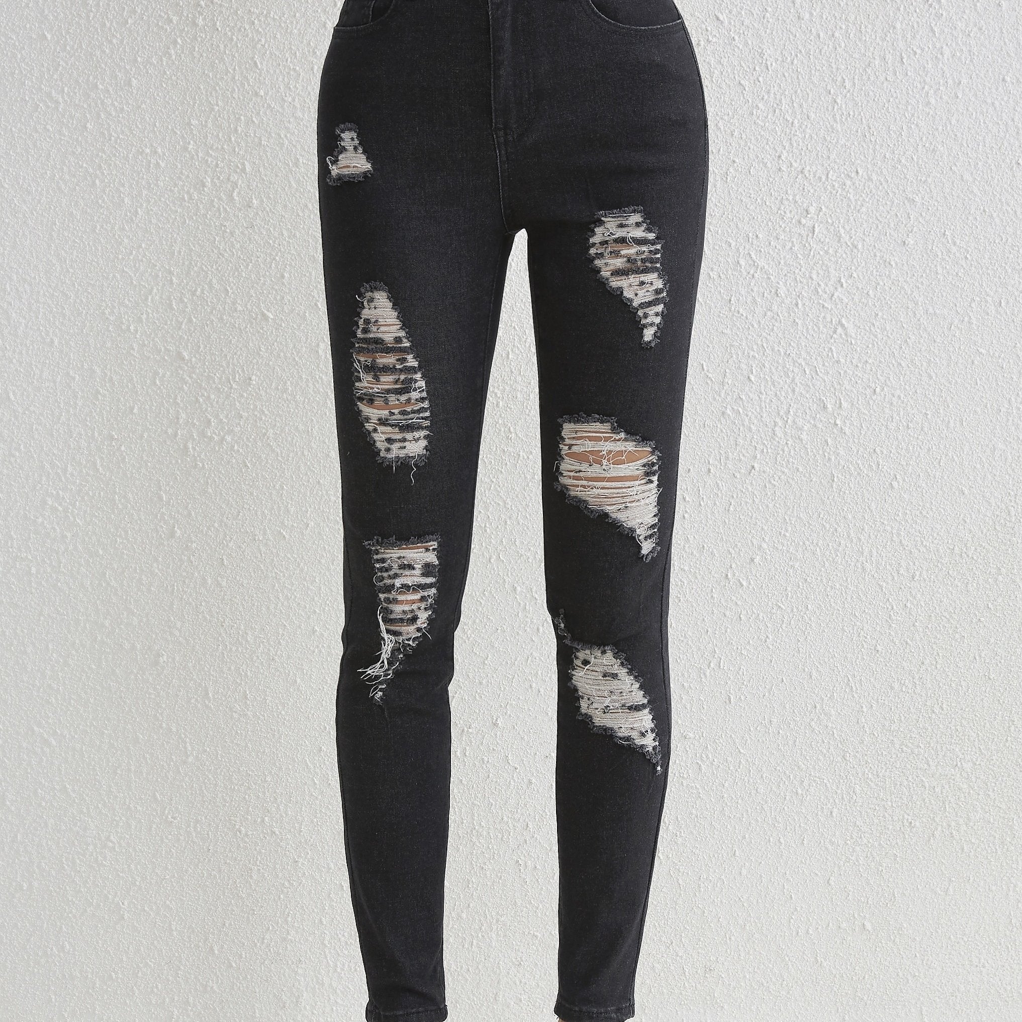 Ripped Holes Skinny Jeans Slim Fit Slash Pockets High Stretch Casual Denim Pants