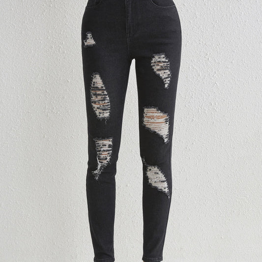 Ripped Holes Skinny Jeans Slim Fit Slash Pockets High Stretch Casual Denim Pants
