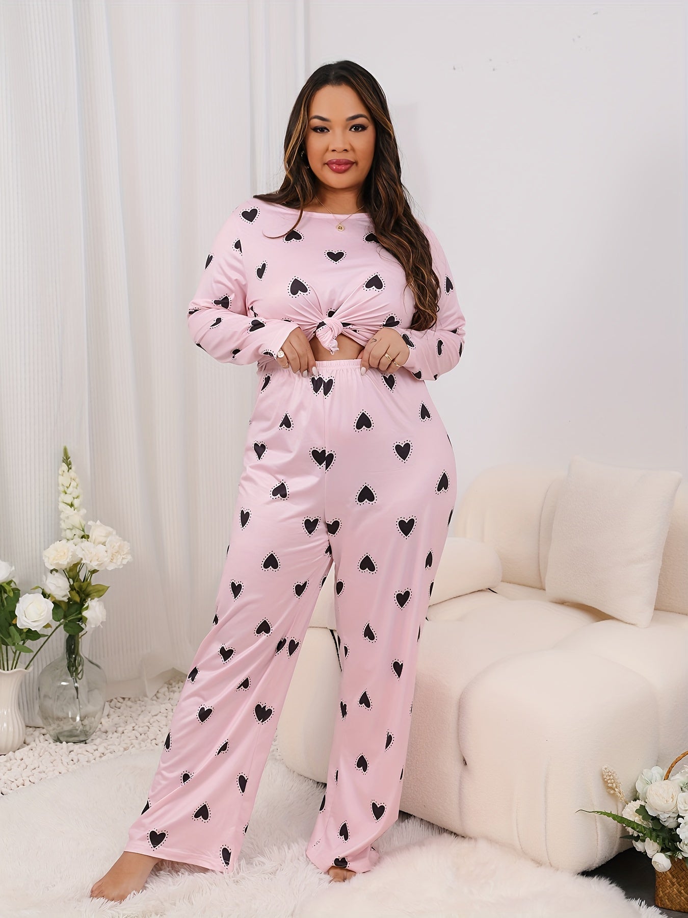 Heart Print Pajama Set - Long Sleeve Tee & Pants