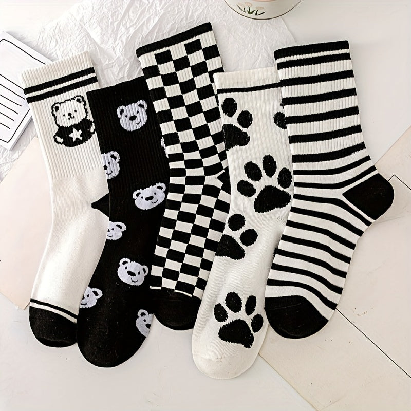 10 Pairs Bear & Plaid Print Mid Tube Socks Women's Stockings