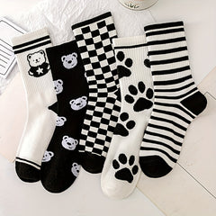 10 Pairs Bear & Plaid Print Mid Tube Socks Women's Stockings