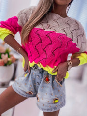 Block Crew Neck Sweater Long Sleeve for Spring & Fall