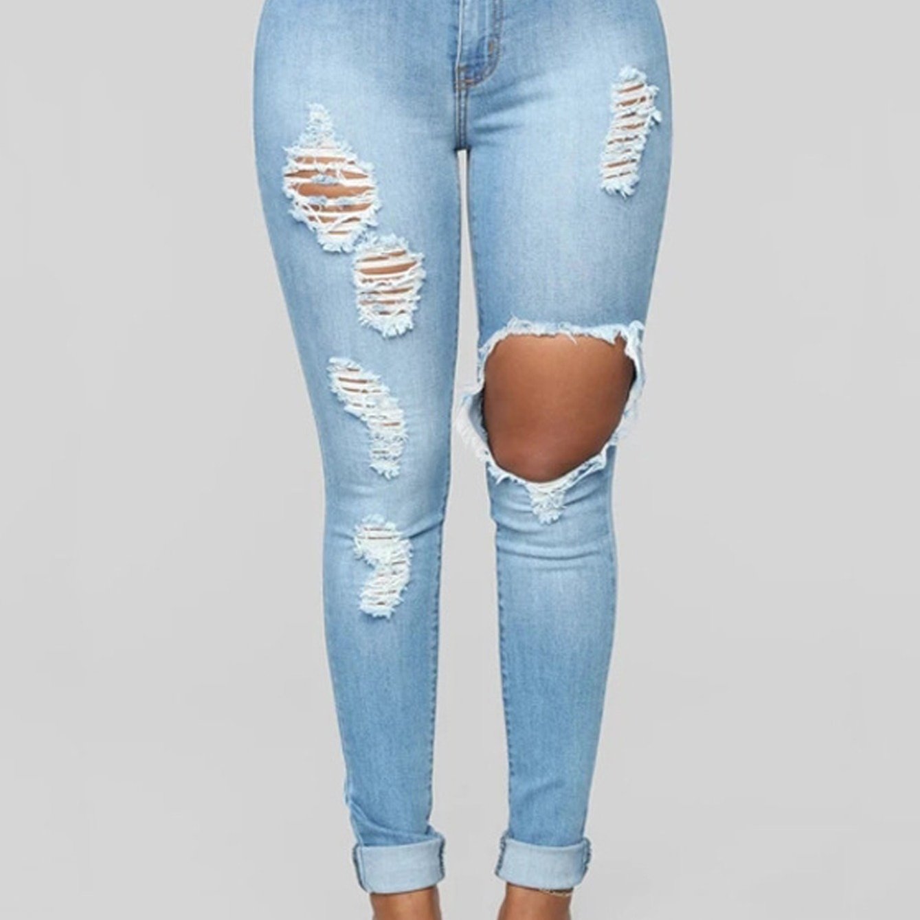 Distressed Skinny Leg Jeans High Waist Elastic Slim Fit Denim Pants