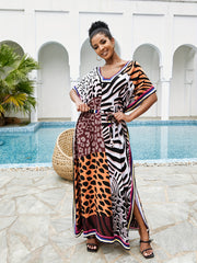 Boho Cover Up Women's Plus Leopard Print V Neck Split Dress