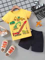 Boys Cartoon Construction Truck Casual Outfit T shirt & Shorts Summer Set