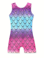Girls Mermaid Scale Sleeveless Gymnastics Romper Leotard