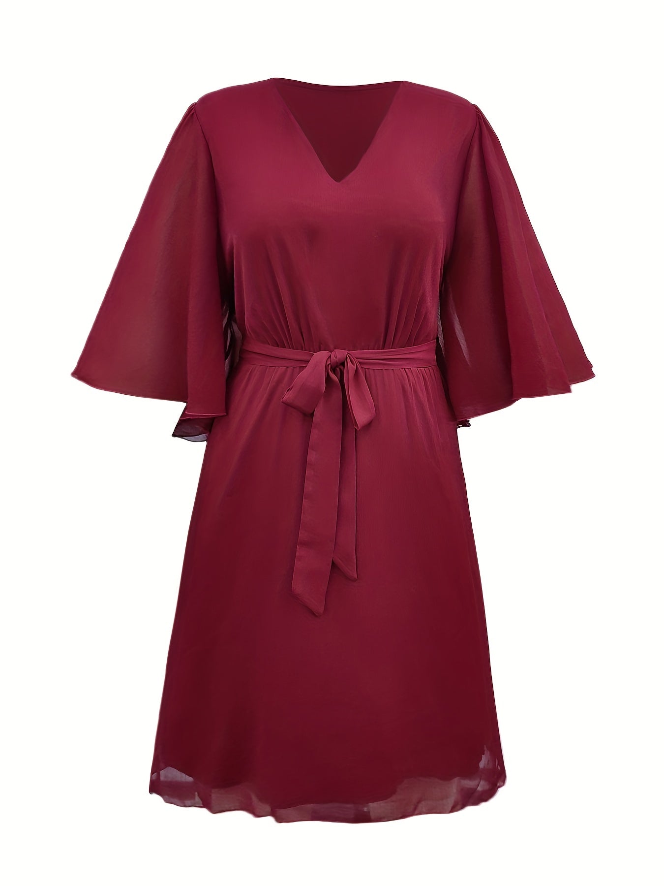 Flutter Sleeve V Neck Dress With Belt