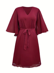 Flutter Sleeve V Neck Dress With Belt