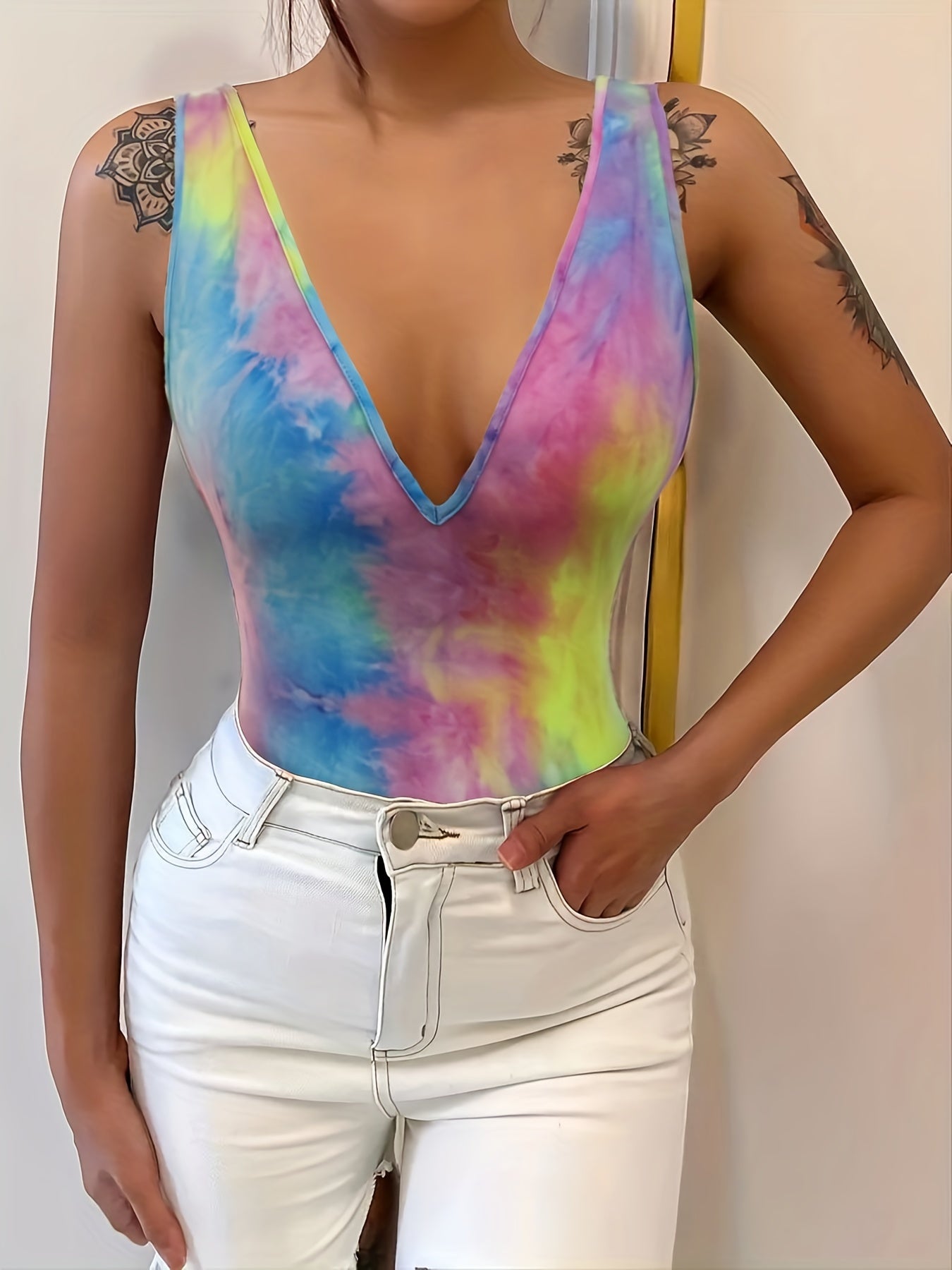 Tie Dye Print Tank Top V Neck Summer Sleeveless Women's Clothing