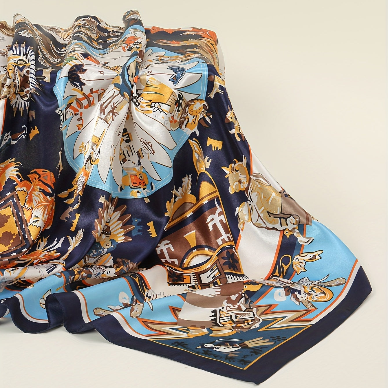 Boho Tribal Print Bandana Vintage Cartoon Satin Shawl Silk Square Scarf