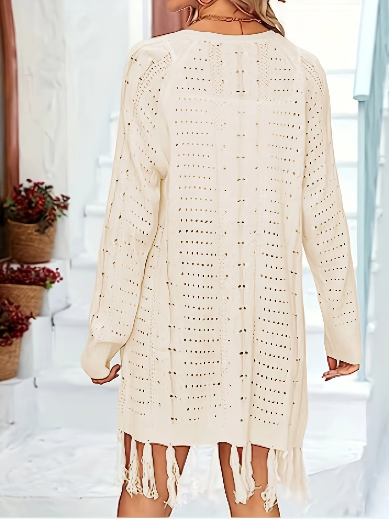 Women's Hollow Out Long Sleeve Tassel Trim Cardigan