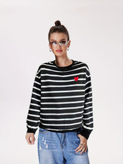 Stripe & Heart Print Pullover Sweatshirt Casual Long Sleeve Crew Neck Sweatshirt