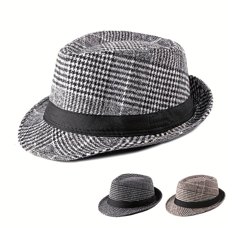Retro Plaid Wide Brim Fedora Hat for Party Meeting