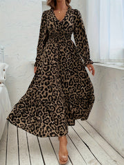 Leopard Print Flounce Sleeve Maxi Dress