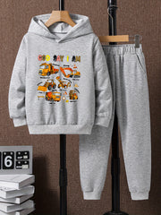 2pcs Truck Print Boys Hoodie & Solid Sweatpants Set
