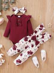 Cotton Baby Girl's 3pc Set Romper Ruffle Overalls Headscarves