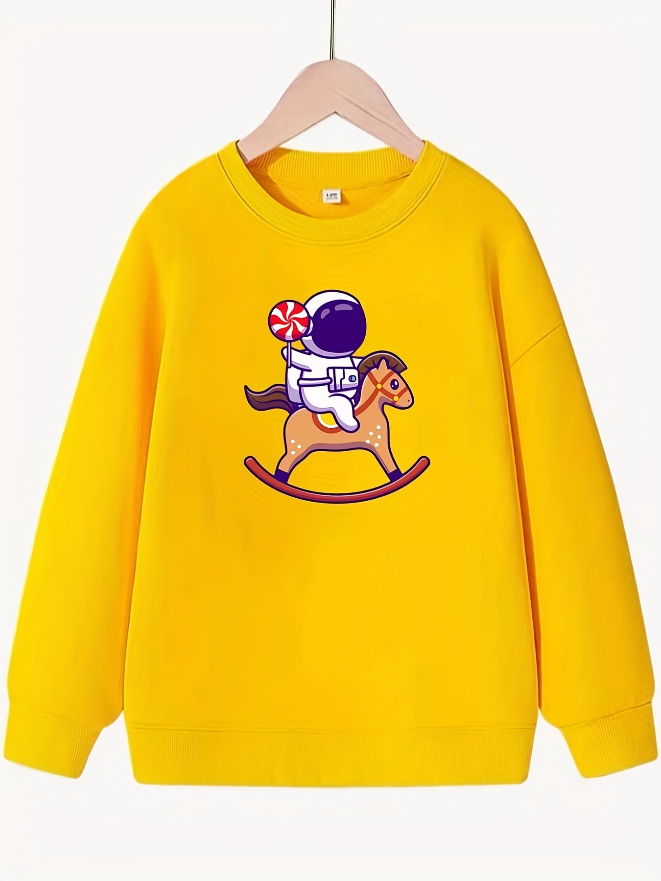 Astronaut & Pony Pattern Round Neck Sweatshirt for Girls