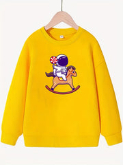 Astronaut & Pony Pattern Round Neck Sweatshirt for Girls