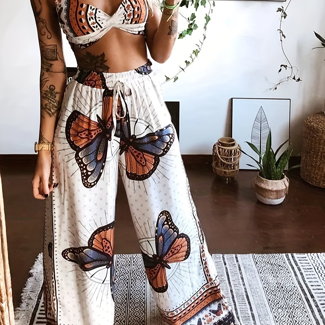 Butterfly Print Set Twist Crop Cami & Wide Leg Pants
