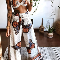Butterfly Print Set Twist Crop Cami & Wide Leg Pants