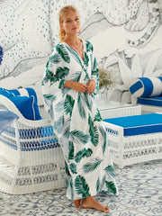 Tropical Print Maxi Kaftan Beach Dress V Neck Split Abaya Dress