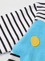 Girls' Cartoon Flowers Applique Striped Long Sleeve Dress