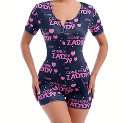 Letter Print Lounge Romper Crew Neck Short Sleeve Romper