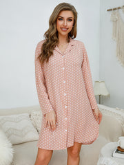 Polka Dot Long Sleeve NightDress Lapel Buttons Pajama Dress