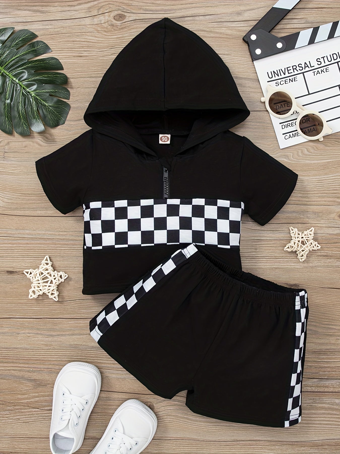 2pcs Girls Plaid Hooded T Shirts Zipper Tees Top & Shorts Set