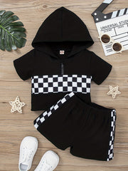 2pcs Girls Plaid Hooded T Shirts Zipper Tees Top & Shorts Set